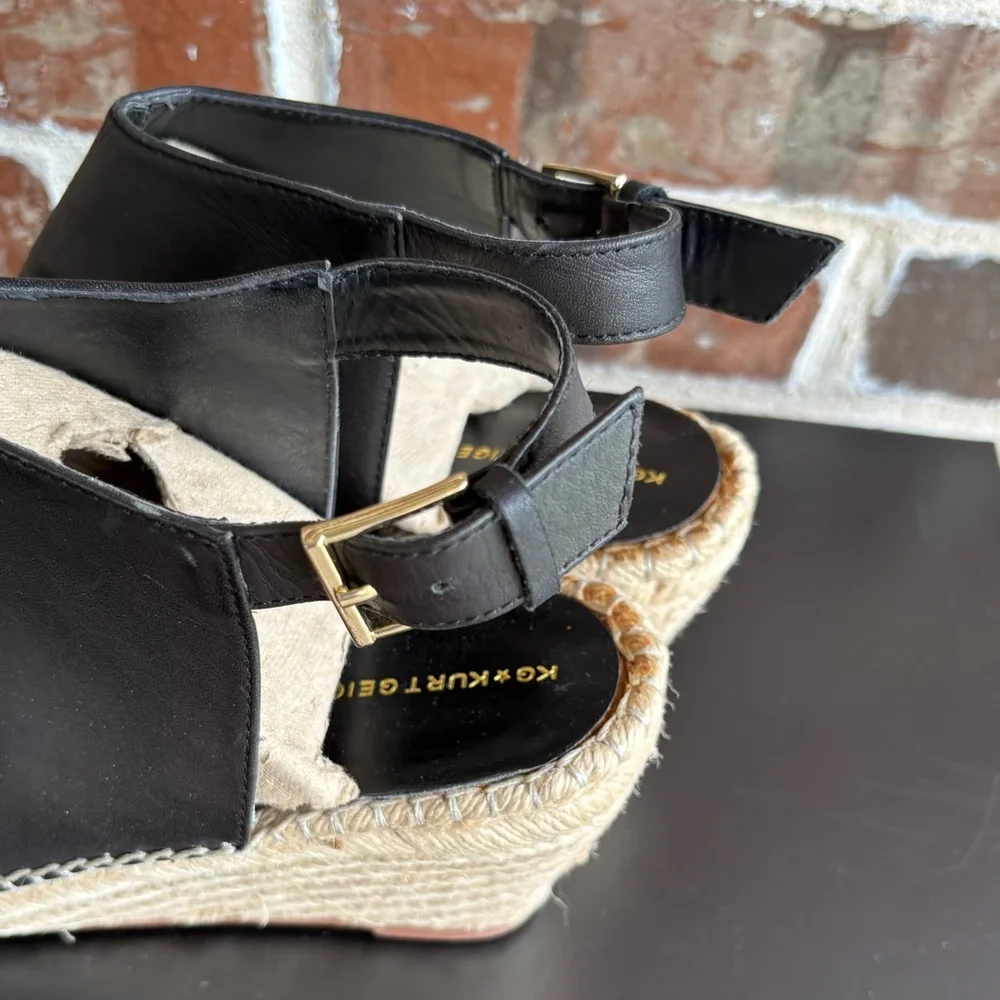 KG Kurt Geiger Nelly Black Leather Espadrille Wedge Sandals Size EU 41